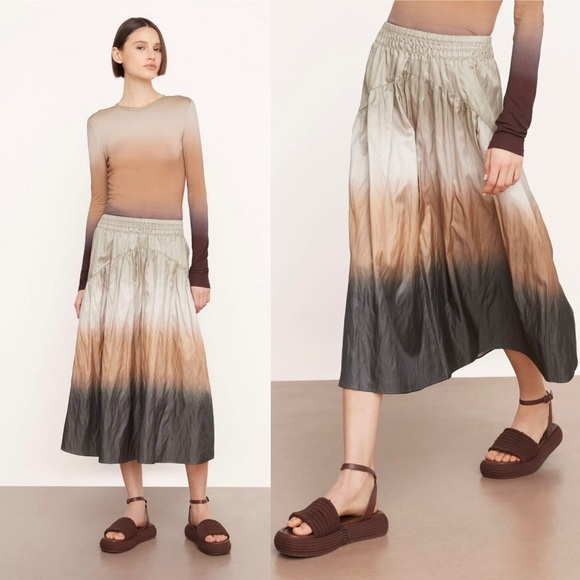 Vince Dip Dye Smocked Midi Skirt Ombré Brown Size 14 - Picture 1 of 7